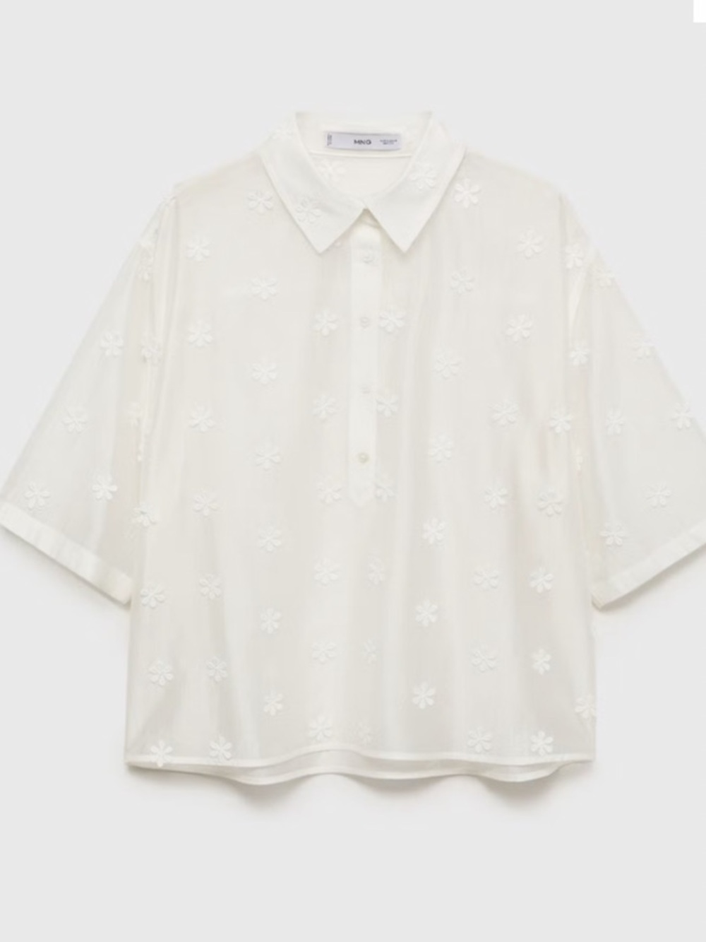 Mango White Sheer Daisy Appliqué Button-Down Top